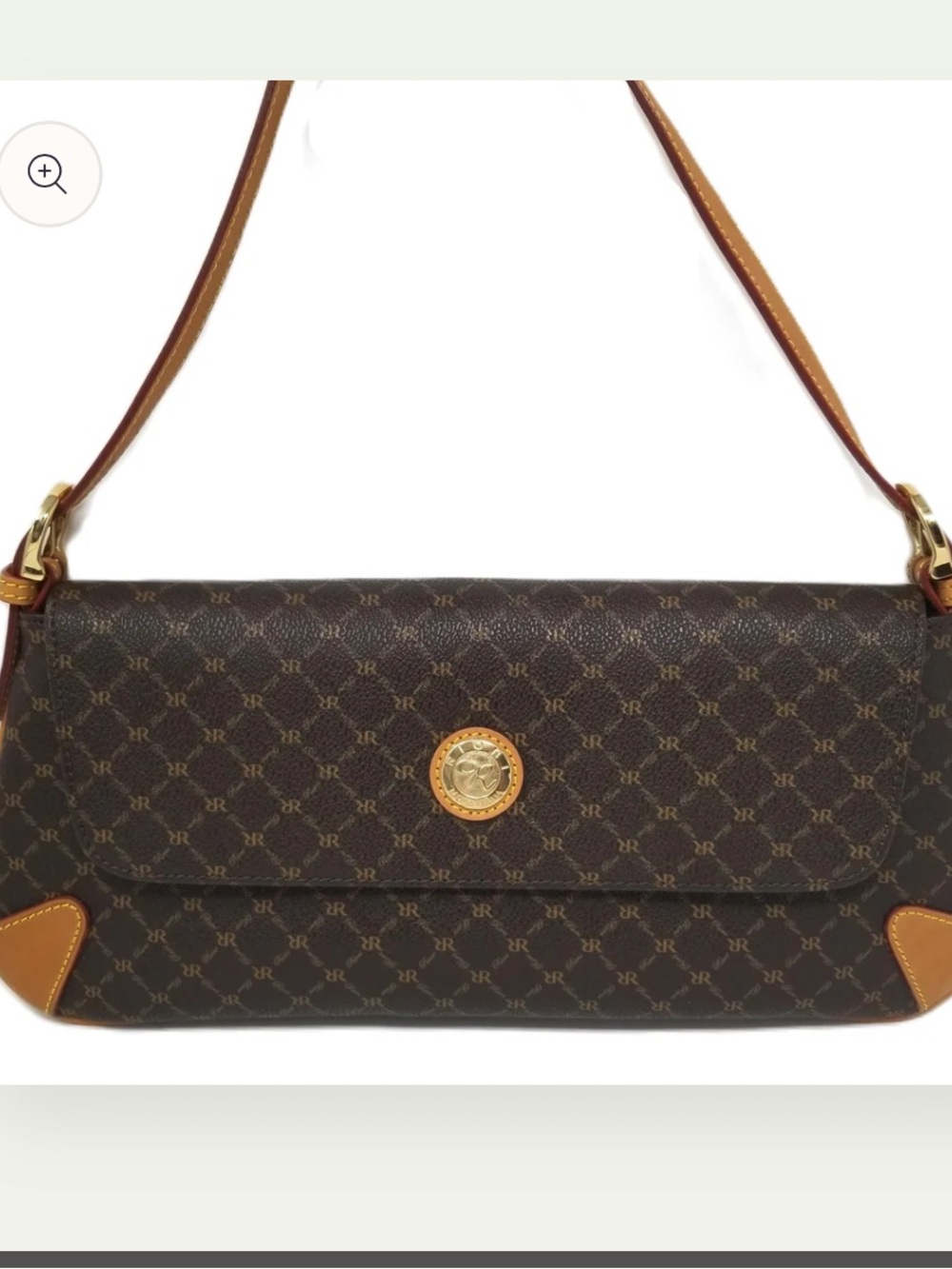Rioni Brown Monogram Shoulder Bag with Tan Trim and Gold Medallion NWOT